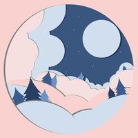 blue light moon in the sky while  snow falling on the hills and trees vector