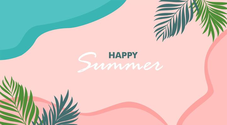 Summer background design with editable space areas and monstera leaves, palms and abstract elements decorating bright colors.