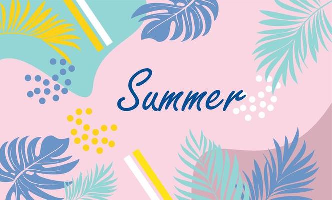 Summer background design with editable space areas and monstera leaves, palms and abstract elements decorating bright colors.