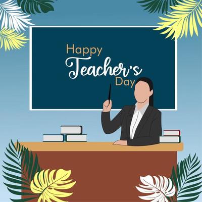 Happy teachers day poster background concept. Pretty Woman Teacher explains gestures with beautiful floral ornaments and love heart frames. flat vector creative graphic design illustration