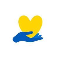 Blue Hand holding yellow heart of Ukraine. Stop war in Ukraine. Protection from Russian invaders. Encourage donate. Concept idea of donation and help vector