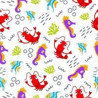 Sea seamless pattern with cute cartoon animals such as shrimp, seahorse and fish. vector