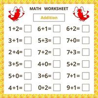 Math worksheet with cute cartoon shrimp.Addition vector