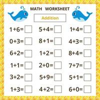 Math worksheet with cute cartoon whale.Addition vector