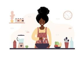 African woman cooking in kitchen. Girl preparing homemade meals for lunch or dinner. Preparation homemade pastry or baking. Flat cartoon vector illustration.