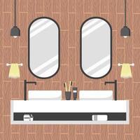 interior de baño moderno en estilo escandinavo. acogedora habitación con dos espejos ovalados y lavabos blancos. vector