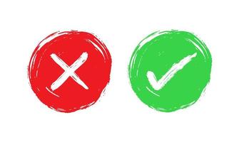 Tick and cross signs. Green checkmark OK and red X icons, isolated on white background. Simple marks graphic design. Circle symbols YES and NO button for vote, decision, web. Vector illustration