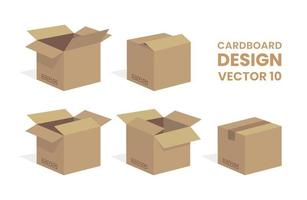 Open and closed box carton shipping packaging with fragile marks. Cardboard box mockup set.