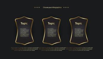 THREE buttons of premium and luxury option buttons, SET of golden otions design on dark background, finance and business infographic option vector, illustration vector