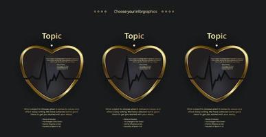 un conjunto de íconos dorados del corazón médico, símbolos, diseño de formas cardíacas en un fondo oscuro, tres corazones vectoriales dorados pueden usarse con varios medios y diseños vector