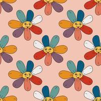 Groovy Smiley  Hippie Flower seamless pattern. Positive 70s retro smiling daisy flower print. vector
