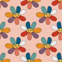 Groovy Smiley  Hippie Flower seamless pattern. Positive 70s retro smiling daisy flower print. vector