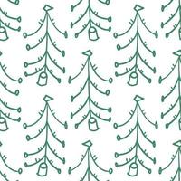 Green freehand drawing spruce forest seamless pattern. Christmas tree background. vector