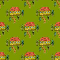 Cartoon doodle house and garden with trees seamless pattern. Village card.  Childlike style home background. vector