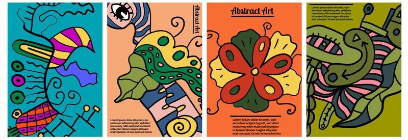 Set of crazy abstract doodle backgrounds. Fantasy cover, poster, flyer, card with different shapes.