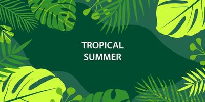 Horizontal banner with tropical leaves, plants and trendy floral blots. Announcement of a new collection, discounts on it, summer sale. Vector illustration