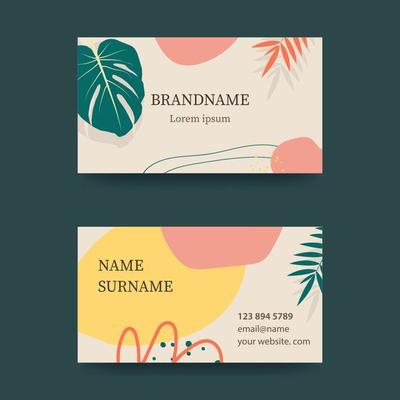 Business card design in soft pastel colors. Modern concept with liquid, drops, brush, flowers, leaves, lines.,blots. Monstera branches Vector illustration