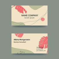 Business card design in soft pastel colors. Modern concept with liquid, drops, brush, flowers, leaves, lines. Monstera branches. Vector illustration