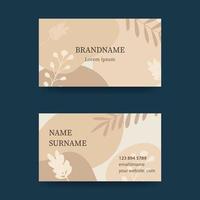 Business card design in soft pastel colors. Modern concept with liquid, drops, brush, flowers, leaves, lines. Shades of champagne. Vector illustration