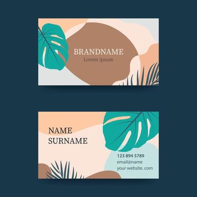 Business card design in soft pastel colors. Modern concept with liquid, drops, brush, flowers, leaves, lines. Monstera branches. Vector