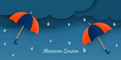 Monsoon sale offer banner template header with paper cut clouds and colorful umbrella on dark background. Thunder Sky. Raindrops. Vector illustration.