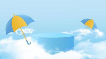 Cylindrical podium for displaying products during the rainy season. Design with realistic clouds and colorful umbrellas. Vector illustration.