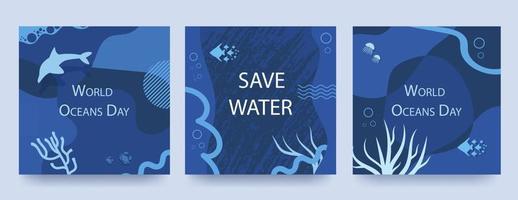 World oceans day poster set with blue background, liquid shapes and ocean elements. Layouts for printing, flyers, covers, banner design. Eco concept. Vector