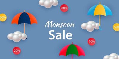 Poster template for Great Monsoon Sale design with colorful umbrellas and clouds. Vector illustration