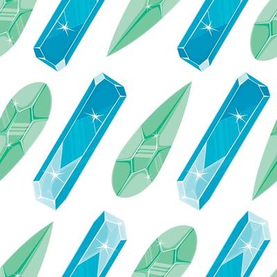 Seamless pattern with  ligyt green and blue magic crystals in a simple minimalistic flat style on a white background