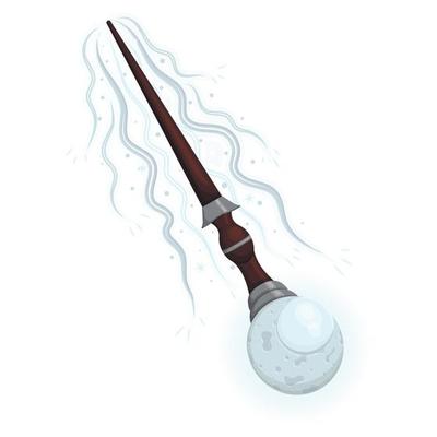 Wooden magic wand with a blue fairy moon stone, magic smoke, fairy dust and a glowing swirl