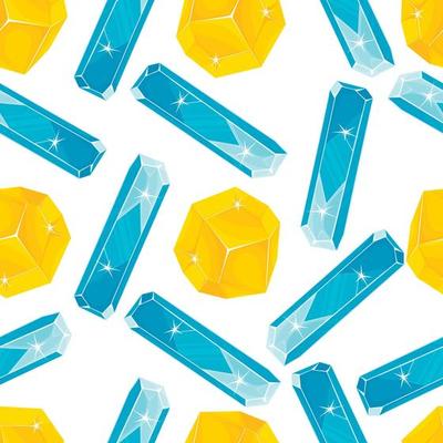 Seamless pattern with blue and orange magic crystals in a simple minimalistic flat style on a white background