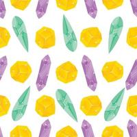 Seamless pattern with orange, light green and purple magic crystals in a simple minimalistic flat style on a white background vector