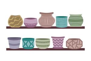 Ceramic empty multi-colored pots for home plants  on the shelf vector