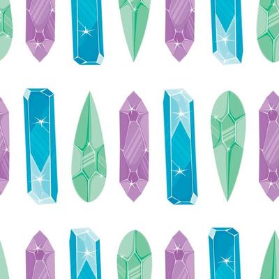 Seamless pattern with  ligyt green, purple and blue magic crystals in a simple minimalistic flat style on a white background