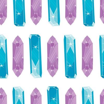 Seamless pattern with purple and blue magic crystals in a simple minimalistic flat style on a white background
