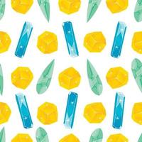 Seamless pattern with orange, light green and blue magic crystals in a simple minimalistic flat style on a white background vector