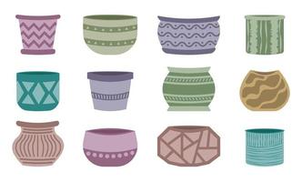 Collection of empty multicolored vector ceramic pots for home plants