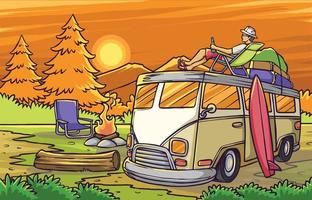 Camper Van or Car Road Trip with Campfire vector