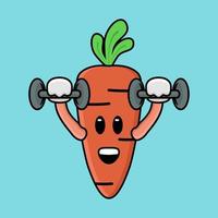 linda mascota de zanahoria haciendo ejercicio usando pesas de vector de ilustración