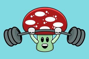 Cute mushroom mascot exercising shoulder press using barbells of illustration vector