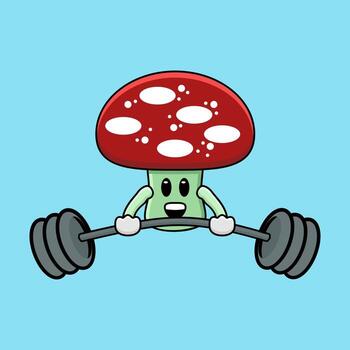 linda mascota de hongo ejercitando curl de barra usando mancuernas de vector de ilustración