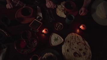 Served Table Viewed From Above Filled With Bread, Olives, Cups, Sauces video