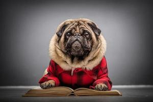 Fluffy pug dog laying on an old book. photo