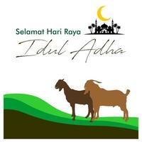 Eid Al Adha flat vector illustration with goat or sheep animal and mosque. Sacrifice animal celebration Islamic event. Selamat hari raya Idul Adha means happy Eid al-Adha also called Sacrifice festive