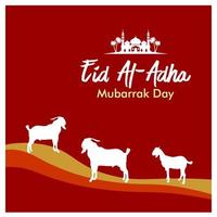 Text of Eid Mubarak for the celebration of Muslim community festival Eid Al Adha. Greeting card with sacrificial sheep and crescent on cloudy night background. Vector illustration.