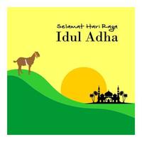 Eid Al Adha flat vector illustration with goat or sheep animal and mosque. Sacrifice animal celebration Islamic event. Selamat hari raya Idul Adha means happy Eid al-Adha also called Sacrifice festive