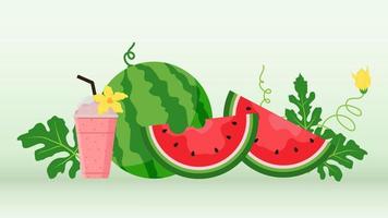 banner de sandía y rebanadas jugosas, diseño plano de hojas verdes e ilustración de flor de sandía, concepto de fruta fresca y jugosa de comida de verano. vector