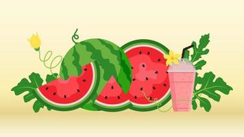 Watermelon and juicy slices vector, flat design of green leaves and flower and watermelon juice illustration, Fresh and juicy fruit concept of summer food. vector