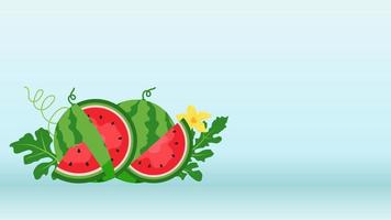 vector de sandía y rebanadas jugosas, diseño plano de hojas verdes e ilustración de jugo de flor y sandía, concepto de fruta fresca y jugosa de comida de verano.