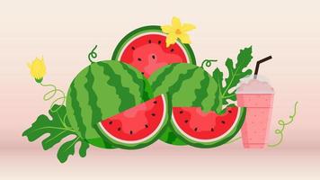 banner de sandía y rebanadas jugosas, diseño plano de hojas verdes e ilustración de flor de sandía, concepto de fruta fresca y jugosa de comida de verano. vector